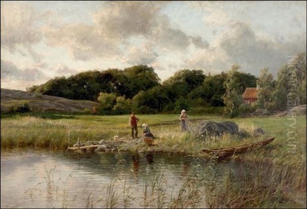 Kalastajien Kotilaituri Oil Painting by Berndt Adolf Lindholm