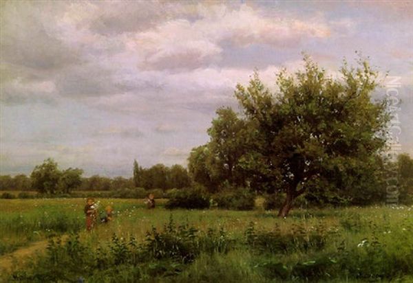 Kukkia Poimivat Lapset Oil Painting by Berndt Adolf Lindholm