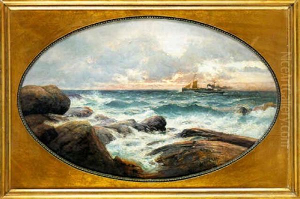 Marine Med Skib Udfor Lippefyldt Kyst Oil Painting by Berndt Adolf Lindholm