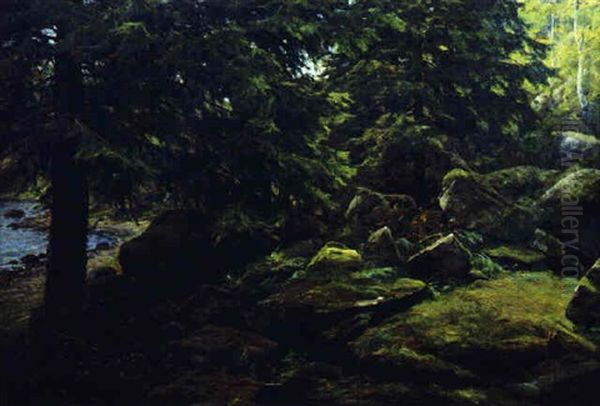 Skogsinterior Oil Painting by Berndt Adolf Lindholm