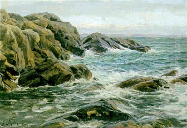 Vagor Mot Klippig Kust Oil Painting by Berndt Adolf Lindholm