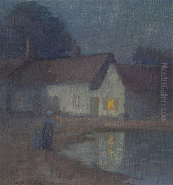 Nocturnal Scene With Mother And Child Near A Village Pond Oil Painting by Carl Olof Eric Lindin