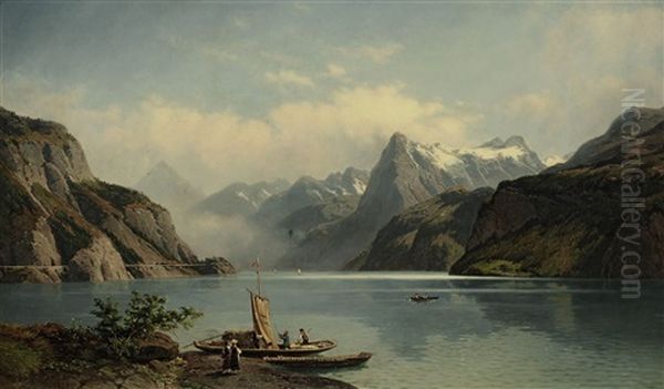 Boot Am Ufer Des Vierwaldstattersees Oil Painting by Johann Wilhelm Lindlar