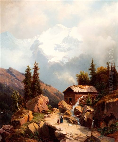 Zwitsers Berglandschap Met Jungfrau; Op De Voorgrond Een Watermolen by Johann Wilhelm Lindlar