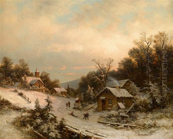 Village In Winter Oil Painting by Johann Wilhelm Lindlar