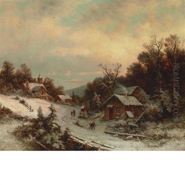 Village In Winter Oil Painting by Johann Wilhelm Lindlar