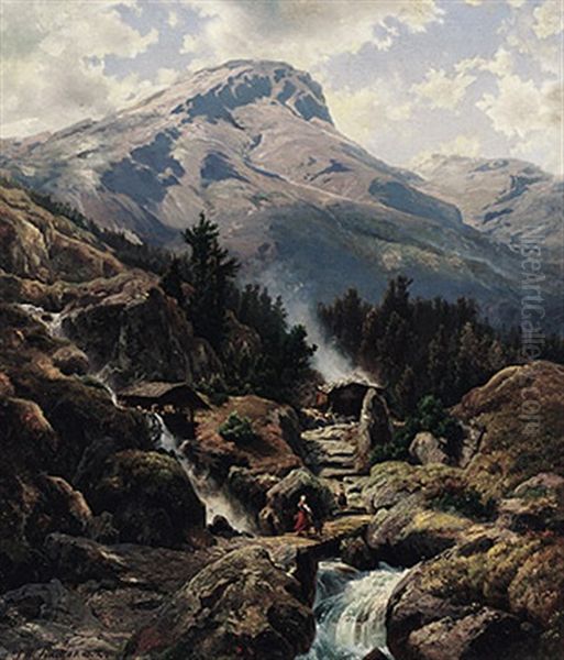 Hochalpenlandschaft Mit Wildbach, Muhle Und Sennhutte Oil Painting by Johann Wilhelm Lindlar