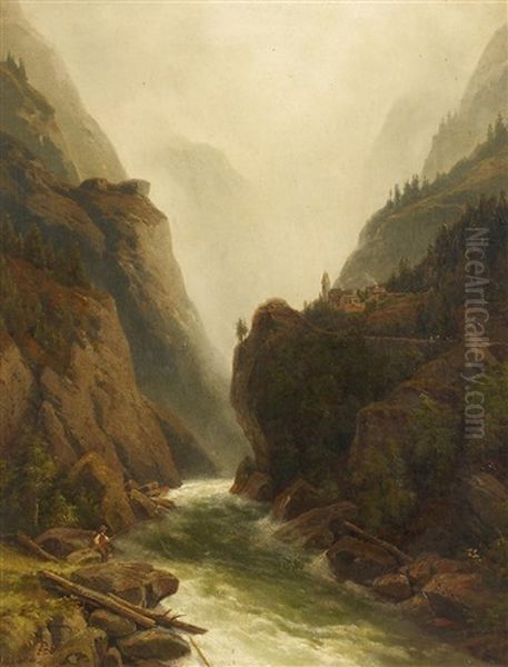 Angler Am Wildwasser Im Gebirge Oil Painting by Johann Wilhelm Lindlar