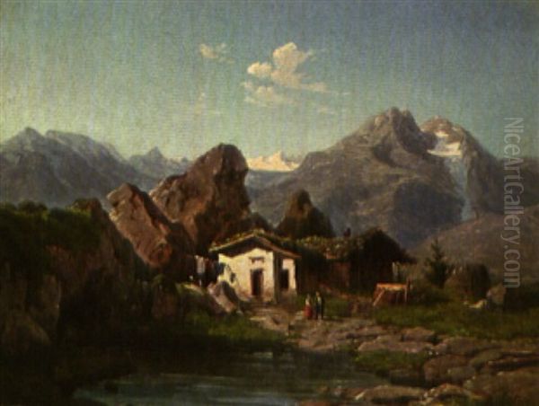 Almhutte Im Hochgebirge Oil Painting by Johann Wilhelm Lindlar