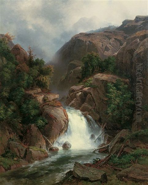 Wasserfall An Der Via Mala Oil Painting by Johann Wilhelm Lindlar