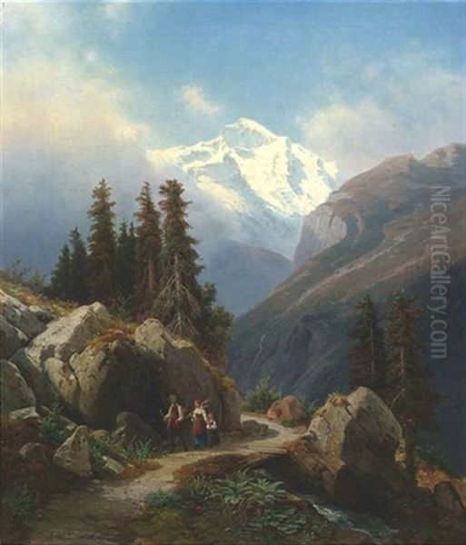 Hochgebirgslandschaft Mit Einer Bauernfamilie Auf Wanderschaft Oil Painting by Johann Wilhelm Lindlar