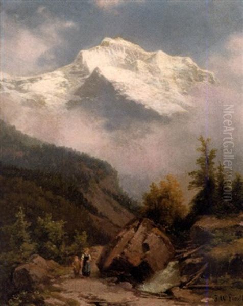 Mountain Landscape With Figures On A Path Oil Painting by Johann Wilhelm Lindlar