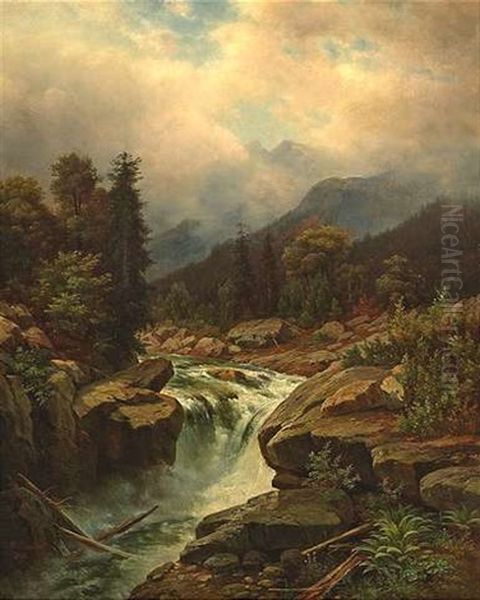 Wasserfall In Wolkenverhangener Hochgebirgslandschaft Oil Painting by Johann Wilhelm Lindlar