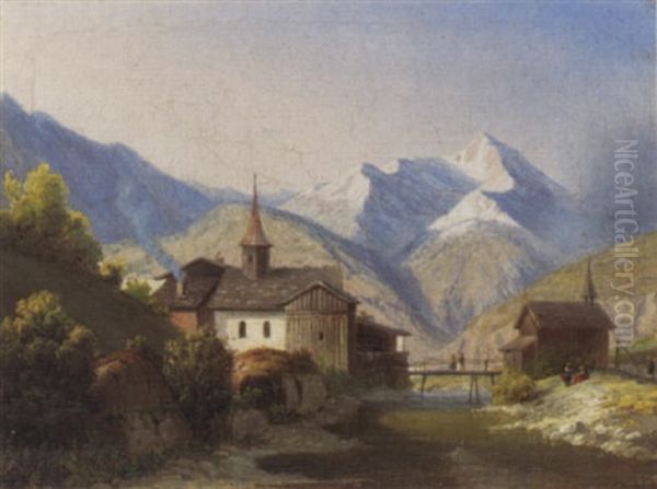 Weiler In Einer Berglandschaft Oil Painting by Johann Wilhelm Lindlar