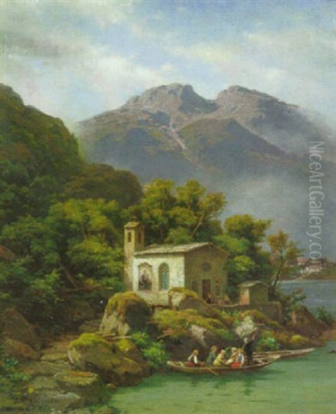 Taufgesellschaft In Einem Nachen Am Ufer Des Gebirgssees Vor Der Kapelle Oil Painting by Johann Wilhelm Lindlar