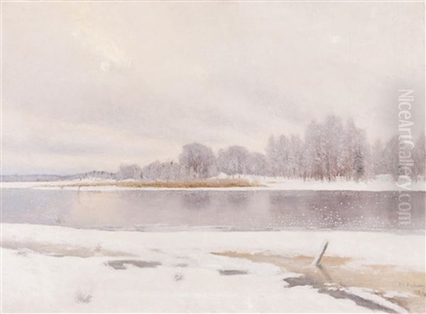 A Winter Lake Scene Oil Painting by Axel Lindman