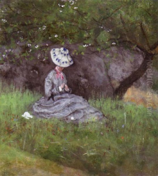 A Woman In A Grey Dress Seated Under A Tree Oil Painting by Axel Lindman