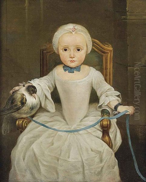 Portrait Of A Young Girl Seated Wearing A White Dress And A Bonnet, A Tame Bird Resting On The Arm Of Her Chair, Tied With A Blue Ribbon Oil Painting by Christian Lindner