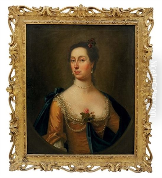 Portrait Of Woman Traditionally Identified As The Sister Of Samuel Cook In A Golden Silk Dress And Blue Wrap, Draped In Pearls, A Rose At Her Corsage Oil Painting by Francis Lindo