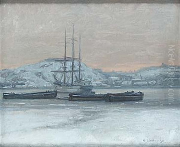 Vintervy Med Skepp Oil Painting by Herman Lindqvist