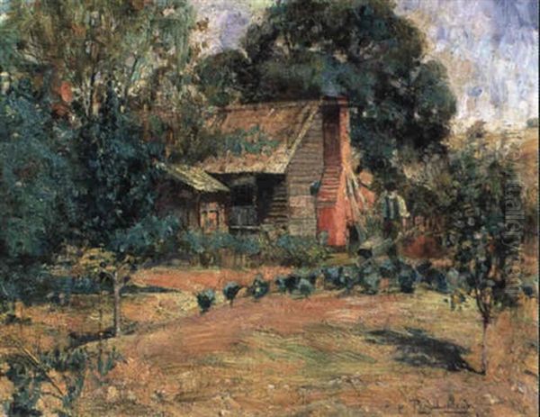 Man In A Cottage Garden, Creswick Oil Painting by Perceval Charles (Percy) Lindsay