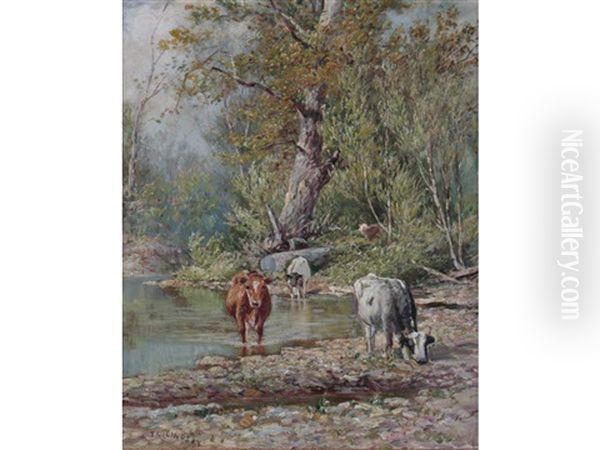 Cows In Summer Oil Painting by Thomas Lindsay