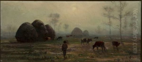 Cows In The Field At Dawn Oil Painting by Thomas Corwin Lindsay