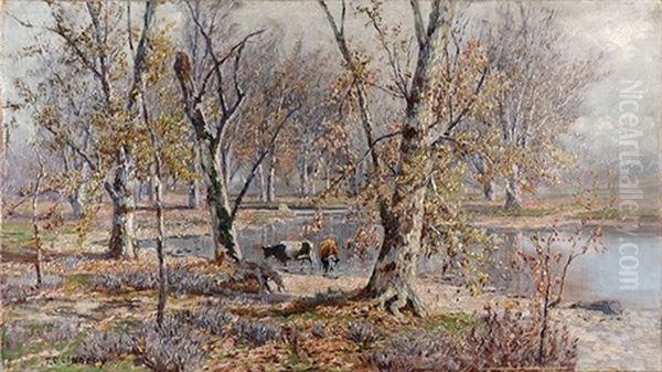 Cows In An Autumn Landscape Oil Painting by Thomas Corwin Lindsay