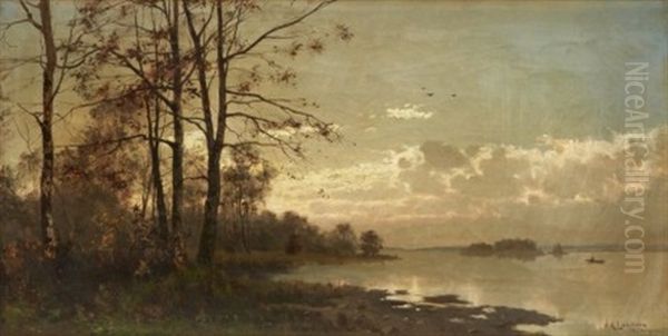 Kustlandskap I Aftonrodnad Oil Painting by Arvid Mauritz Lindstroem