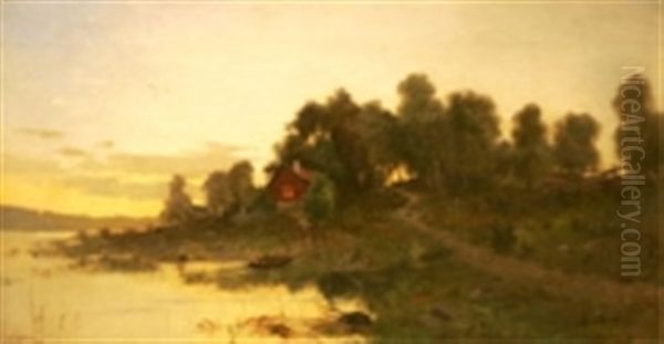 Landskap Med Byggnad Vid Vattendrag Oil Painting by Arvid Mauritz Lindstroem