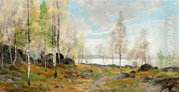 Varlandskap Oil Painting by Arvid Mauritz Lindstroem