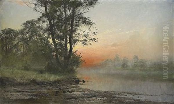 Landskap I Aftonrodnad Oil Painting by Arvid Mauritz Lindstroem