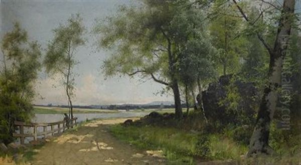 Sommarlandskap Med Vag Vid Vatten Oil Painting by Arvid Mauritz Lindstroem