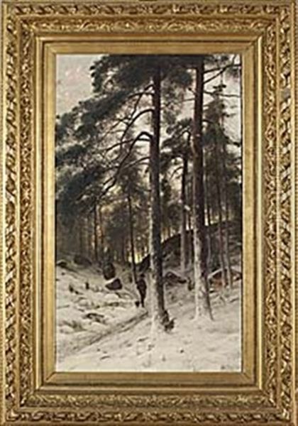 Jagare I Vinterskog Oil Painting by Arvid Mauritz Lindstroem