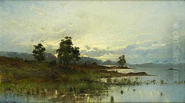 Insjolandskap I Solnedgang Oil Painting by Arvid Mauritz Lindstroem