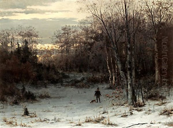 Skymningslandskap Med Jagare Och Hund Oil Painting by Arvid Mauritz Lindstroem