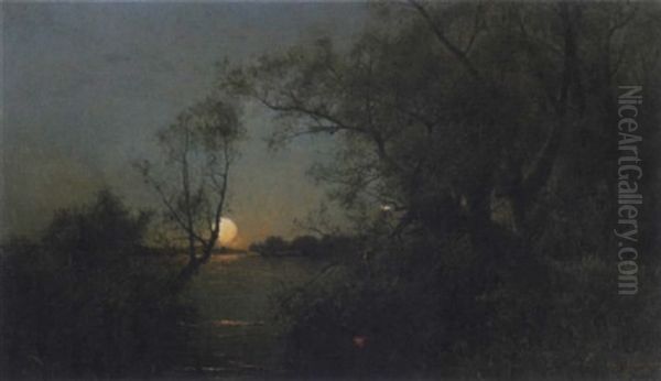 Insjolandskap I Solnedgang Oil Painting by Arvid Mauritz Lindstroem