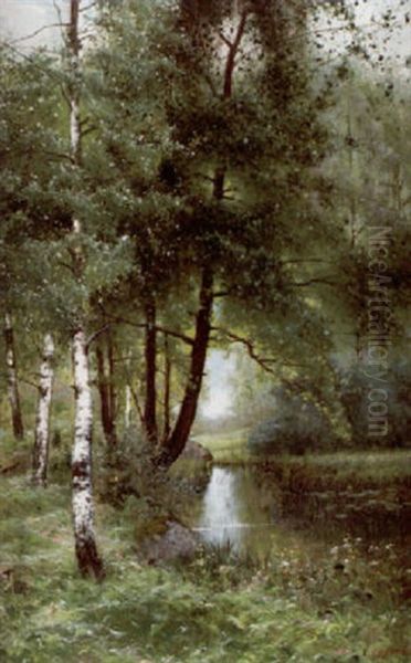 Svenskt Varlandskap Med Angsblommor Vid Vatten Oil Painting by Arvid Mauritz Lindstroem