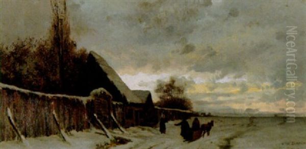 Vinterlandskap Med Figurer Och Byggnader Skymning Oil Painting by Arvid Mauritz Lindstroem