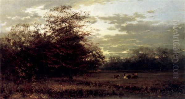 A Twilight Landscape With Cattle Resting In A Pasture And A Stream In The Foreground Oil Painting by Arvid Mauritz Lindstroem