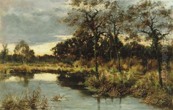 Insjolandskap I Aftonrodnad Oil Painting by Arvid Mauritz Lindstroem