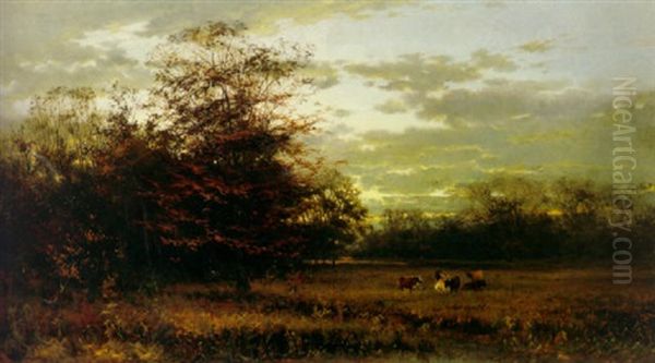 A Twilight Landscape With Cattle Resting In A Pasture And A Stream In The Foreground Oil Painting by Arvid Mauritz Lindstroem