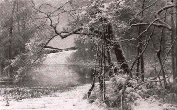 Verschneite Baume Am Waldweiher Oil Painting by Arvid Mauritz Lindstroem