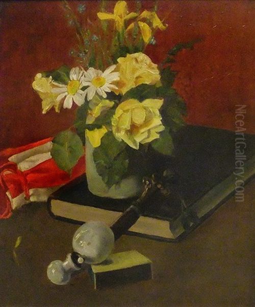 Stillleben Mit Blumenstrauss, Buch Und Tabakpfeife Oil Painting by Carl August Liner