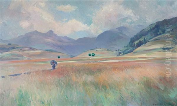 Thurgauer Landschaft Mit Weizenfeld Und Spaziergangerin Mit Sonnenschirm Oil Painting by Carl August Liner