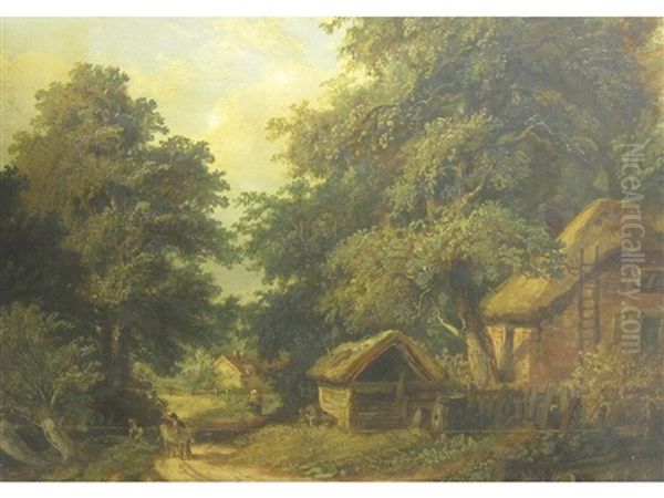 Cottage Scene At Builford Near Worcester Oil Painting by Henry Harris Lines