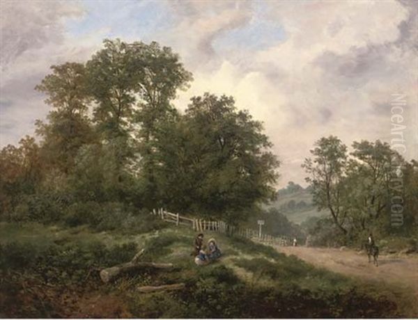 Children Playing In An Extensive Wooded Landscape Oil Painting by Henry Harris Lines