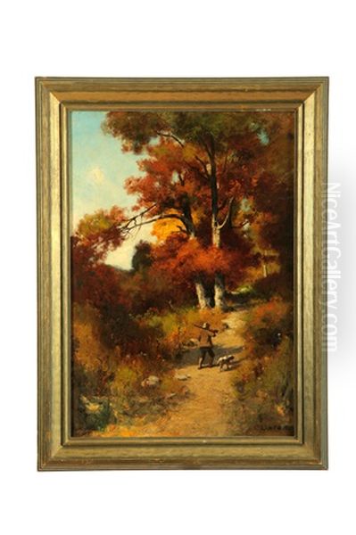 Figure Of A Hunter, Dog At Side On Path In Woods Oil Painting by Charles Linford