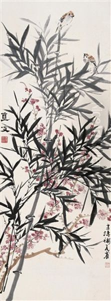 Bamboo And Birds Oil Painting by  Ling Wenyuan