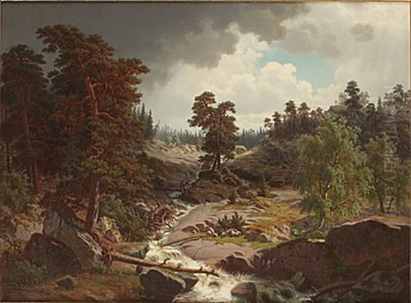 Landskap Med Fors Oil Painting by Carl Frederik Linge